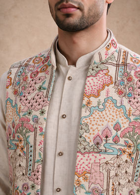 Manyavar Men Beige Cotton Kurta Jacket Set with Embroidery