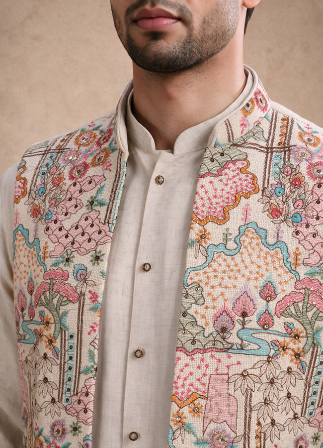 Manyavar Men Beige Cotton Kurta Jacket Set with Embroidery