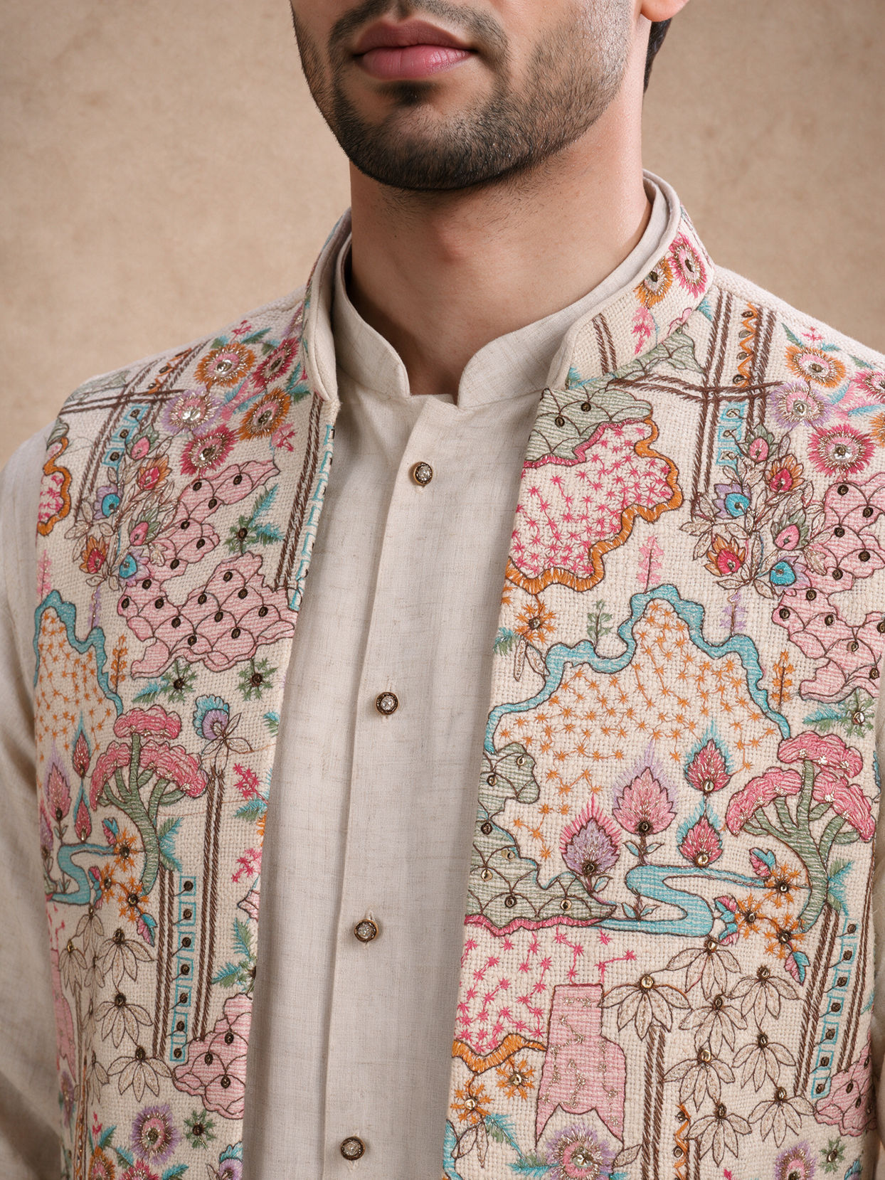 Manyavar Men Beige Cotton Kurta Jacket Set with Embroidery