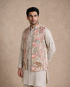 Manyavar Men Beige Cotton Kurta Jacket Set with Embroidery