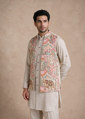 Manyavar Men Beige Cotton Kurta Jacket Set with Embroidery