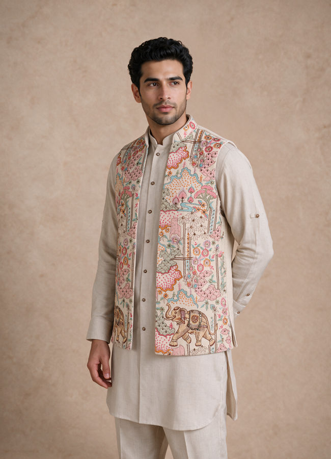 Manyavar Men Beige Cotton Kurta Jacket Set with Embroidery
