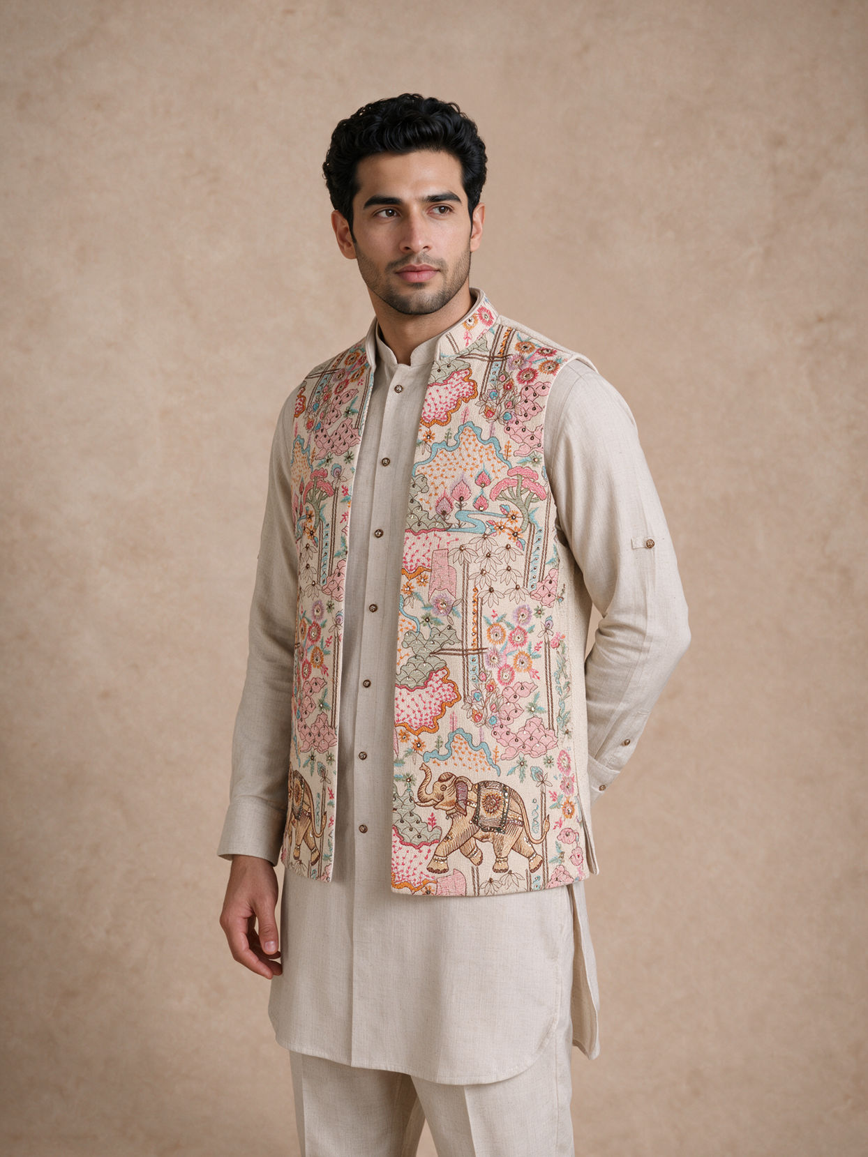 Manyavar Men Beige Cotton Kurta Jacket Set with Embroidery