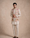 Manyavar Men Beige Cotton Kurta Jacket Set with Embroidery