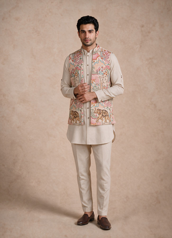 Manyavar Men Beige Cotton Kurta Jacket Set with Embroidery