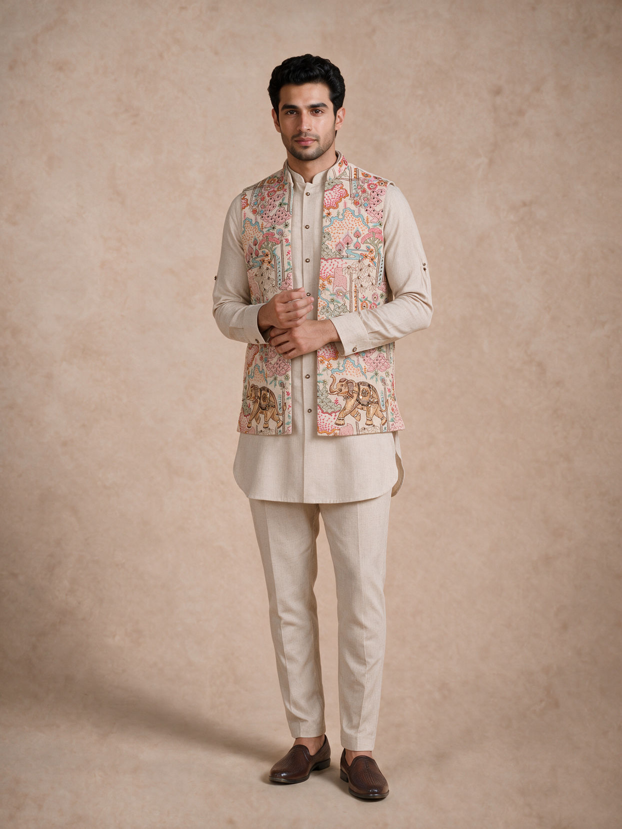 Manyavar Men Beige Cotton Kurta Jacket Set with Embroidery