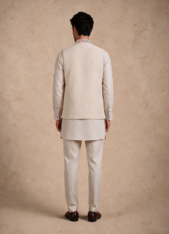 Manyavar Men Beige Cotton Kurta Jacket Set with Embroidery