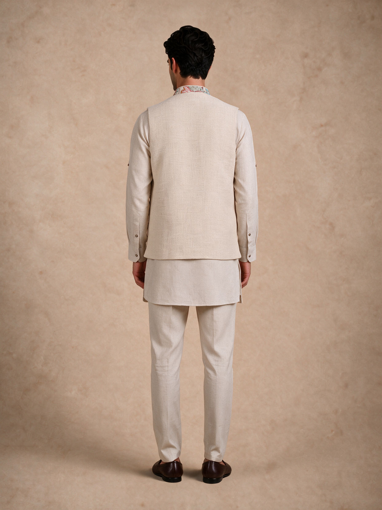 Manyavar Men Beige Cotton Kurta Jacket Set with Embroidery