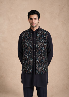 Manyavar Men Blue Velvet Kurta Jacket Set with Embroidery