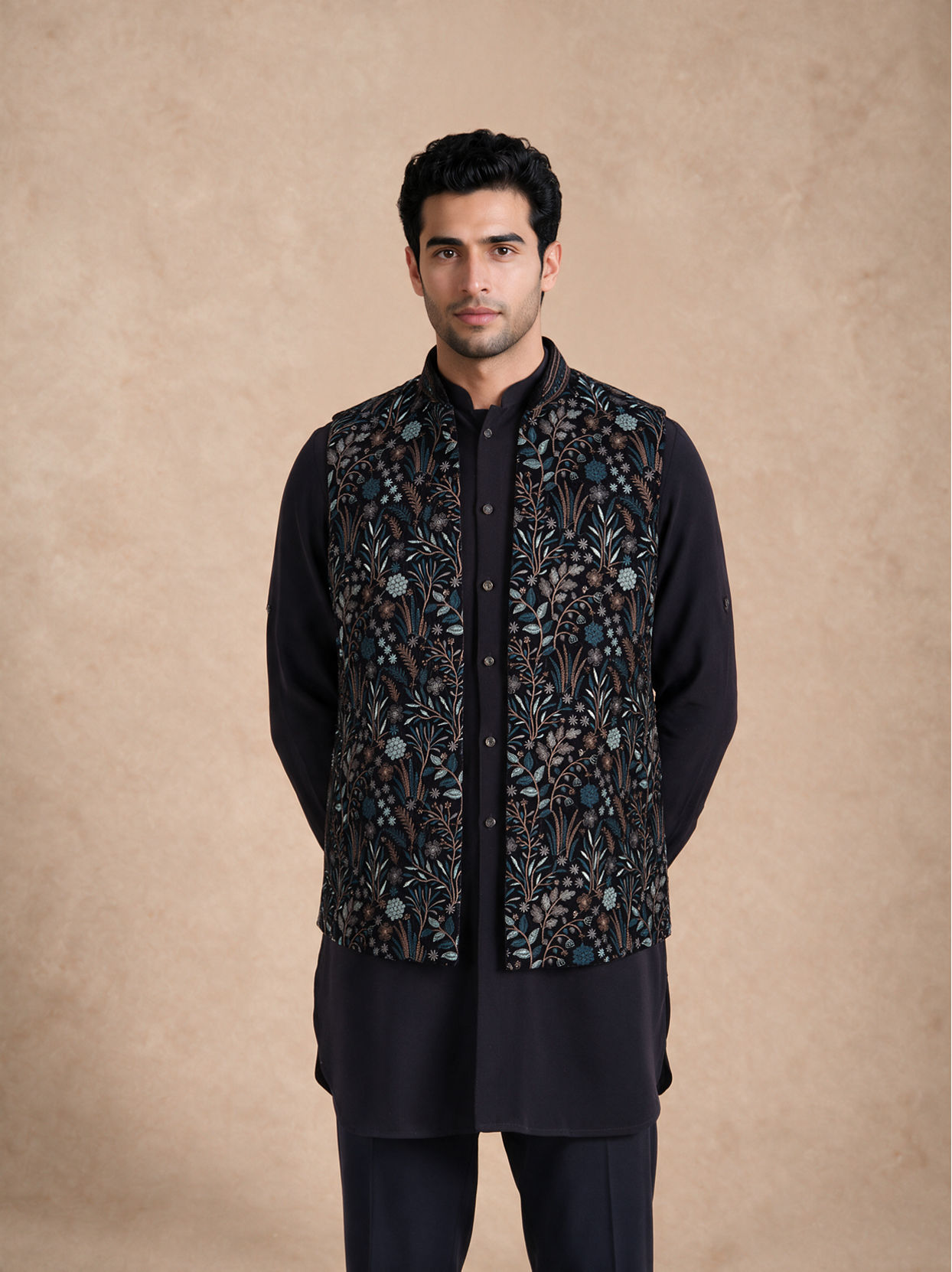 Manyavar Men Blue Velvet Kurta Jacket Set with Embroidery