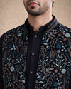 Manyavar Men Blue Velvet Kurta Jacket Set with Embroidery