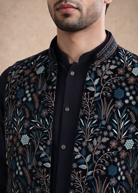 Manyavar Men Blue Velvet Kurta Jacket Set with Embroidery