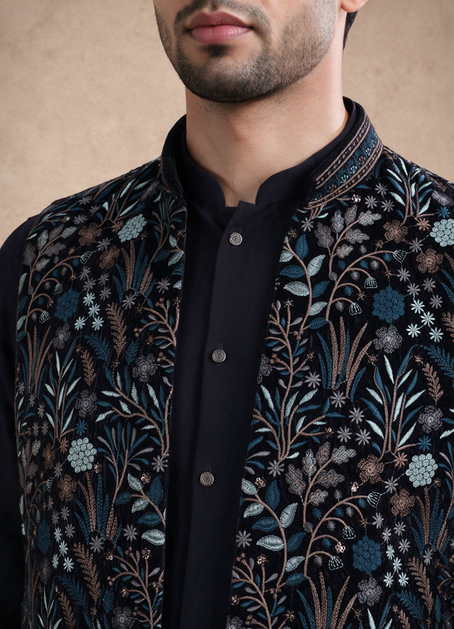 Manyavar Men Blue Velvet Kurta Jacket Set with Embroidery