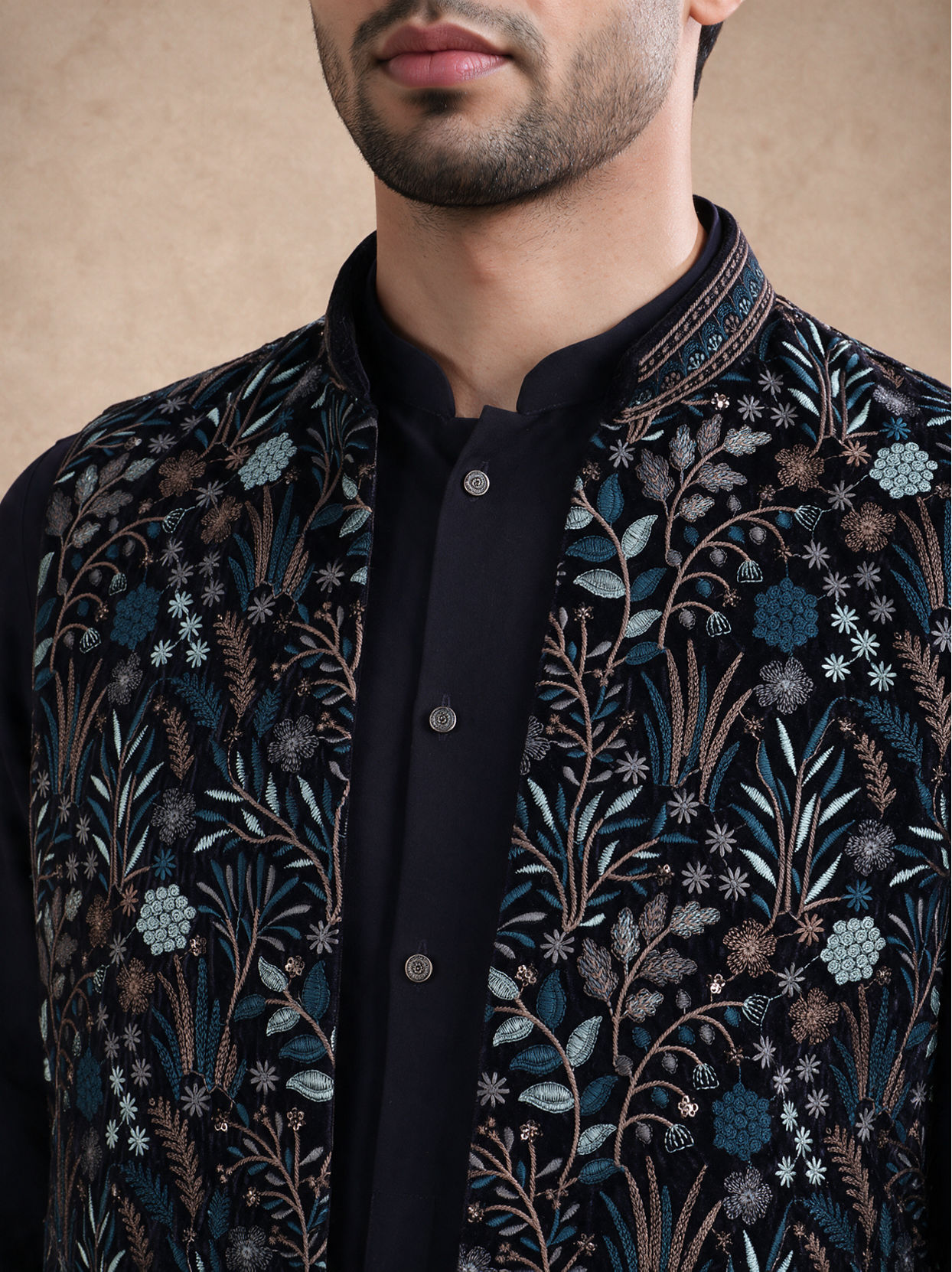 Manyavar Men Blue Velvet Kurta Jacket Set with Embroidery
