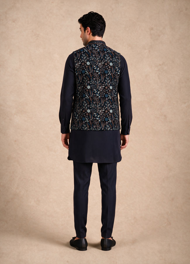 Manyavar Men Blue Velvet Kurta Jacket Set with Embroidery