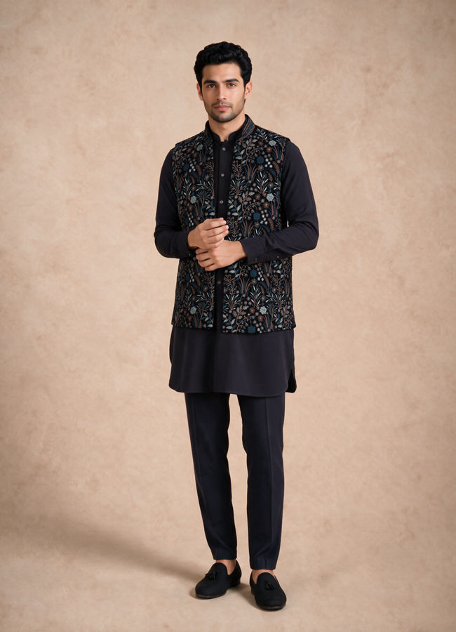 Manyavar Men Blue Velvet Kurta Jacket Set with Embroidery
