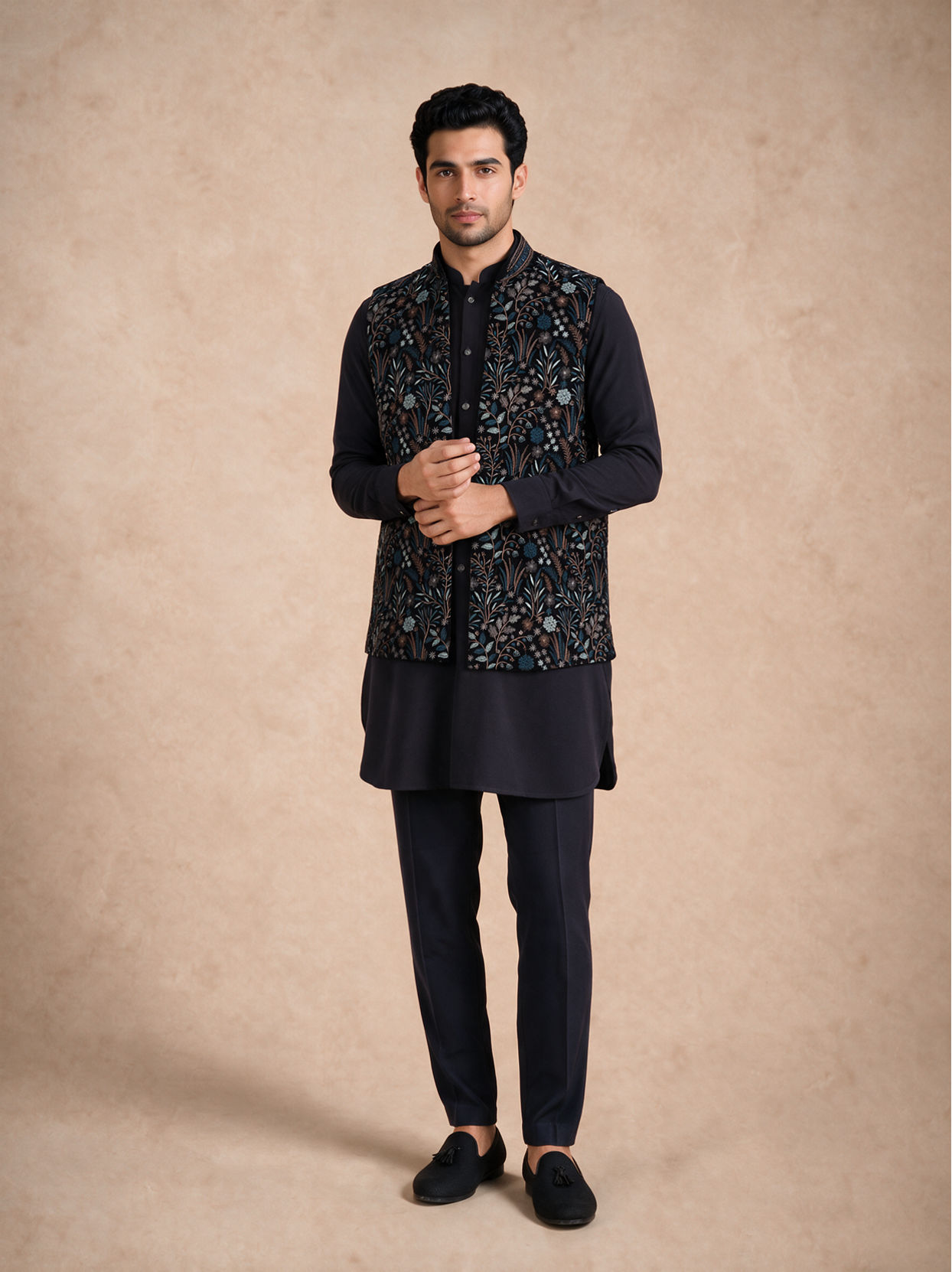 Manyavar Men Blue Velvet Kurta Jacket Set with Embroidery