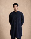 Manyavar Men Blue Velvet Kurta Jacket Set with Embroidery