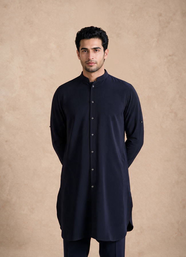 Manyavar Men Blue Velvet Kurta Jacket Set with Embroidery