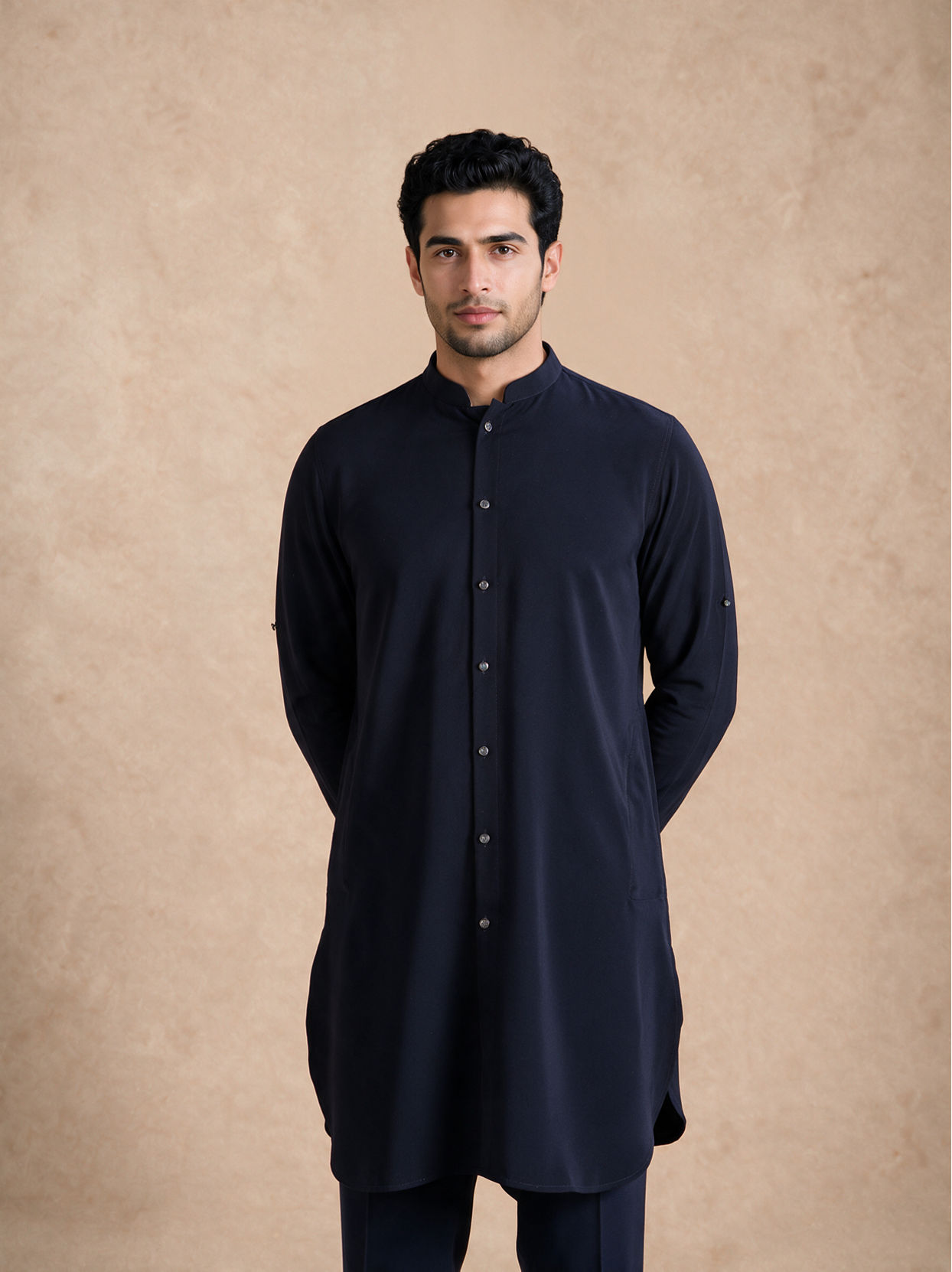 Manyavar Men Blue Velvet Kurta Jacket Set with Embroidery