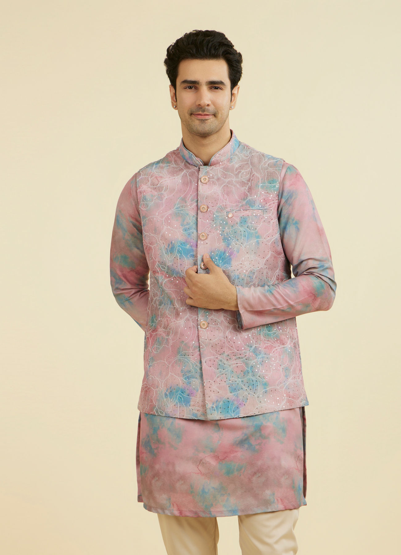 Manyavar Men Dusty Pink Kurta Jacket Set