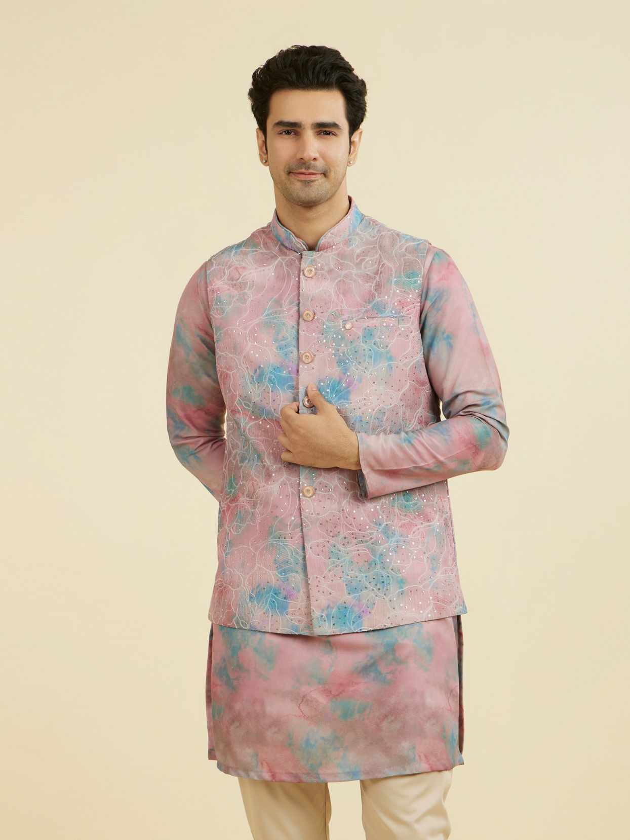 Manyavar Men Dusty Pink Kurta Jacket Set