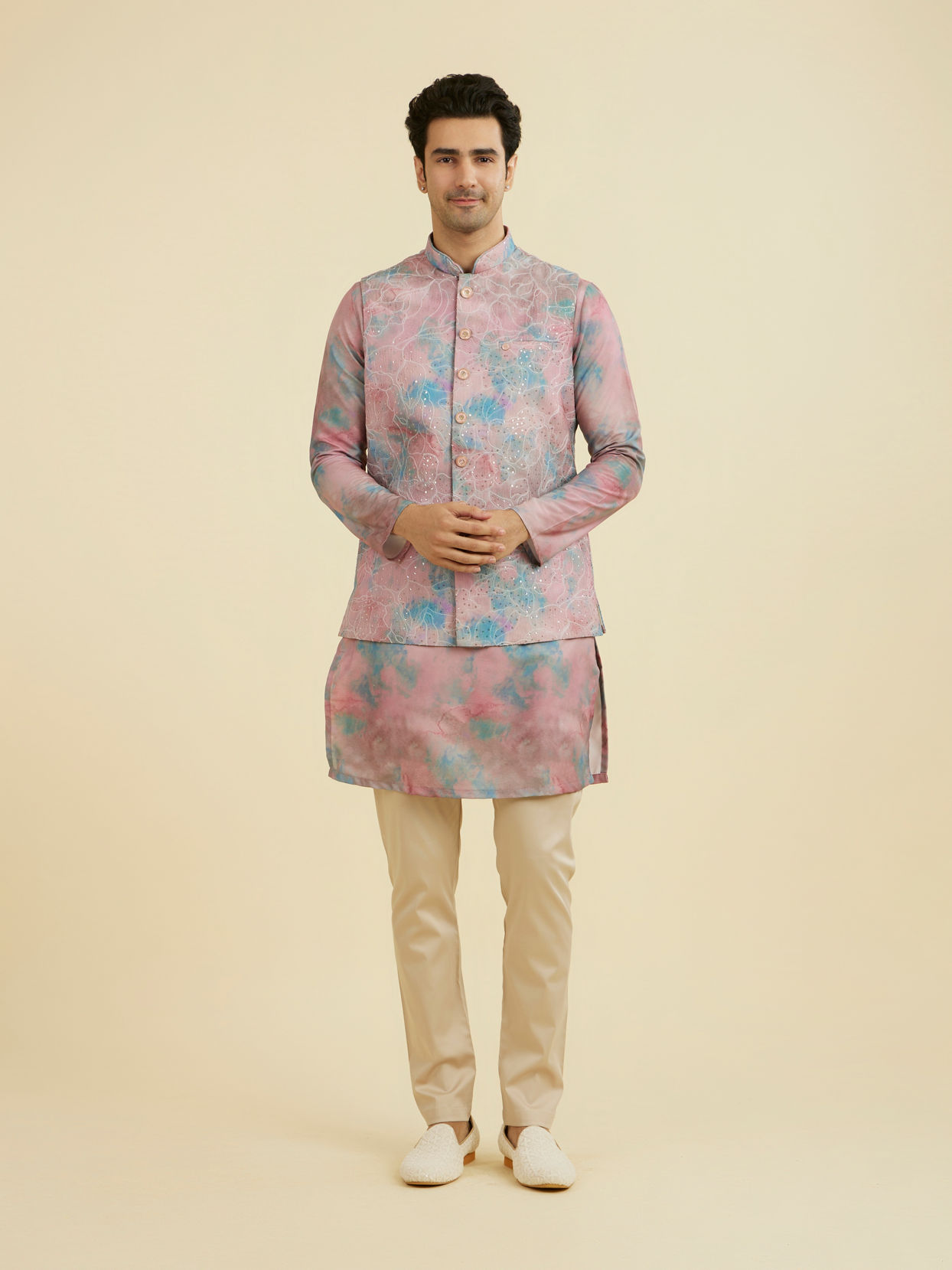 Manyavar Men Dusty Pink Kurta Jacket Set