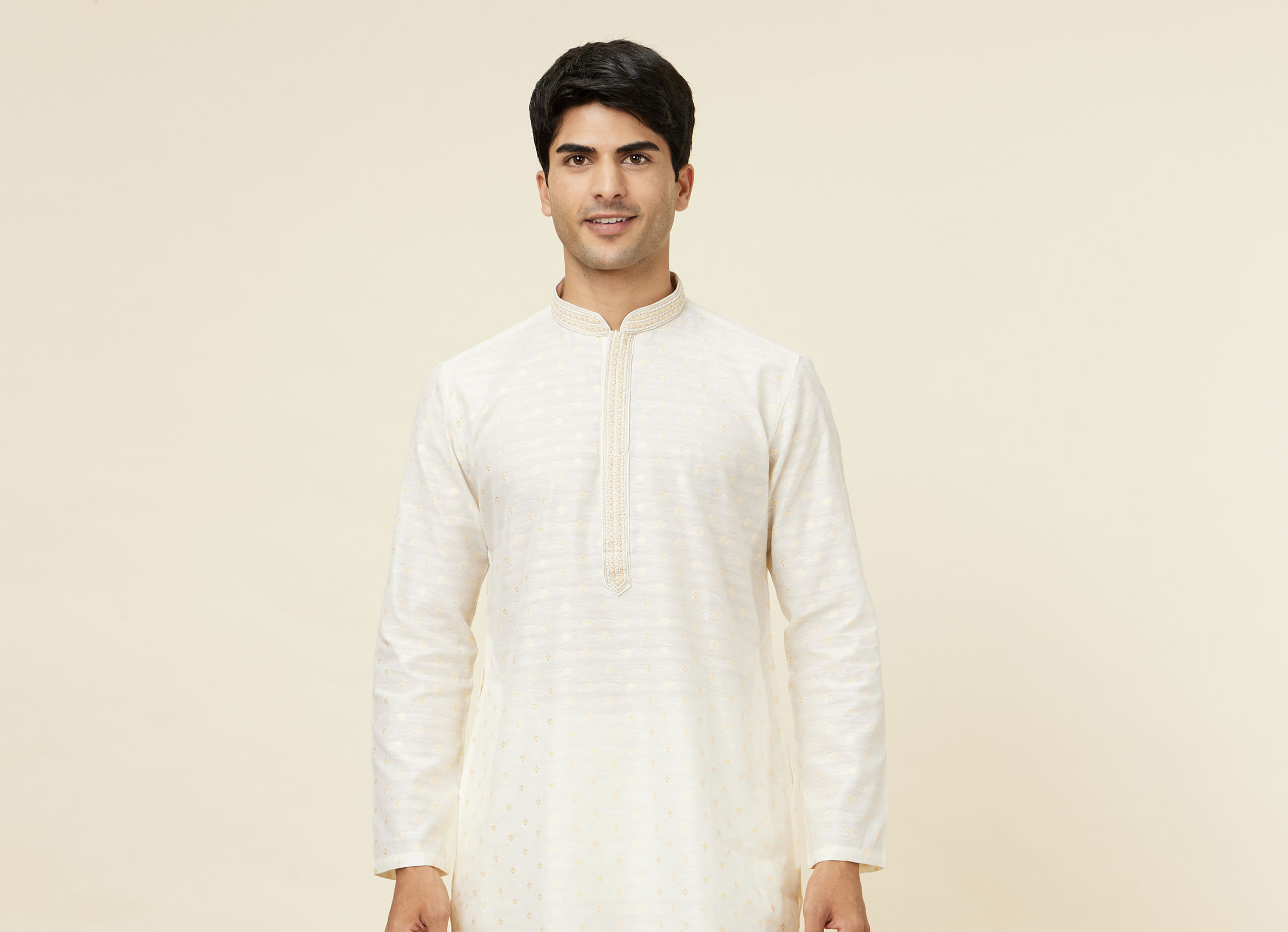 Twamev Men Cannoli Cream Jacquard Patterned Kurta Set