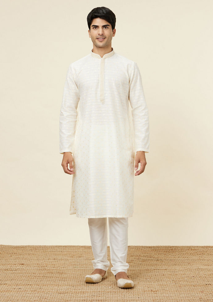 Twamev Men Cannoli Cream Jacquard Patterned Kurta Set