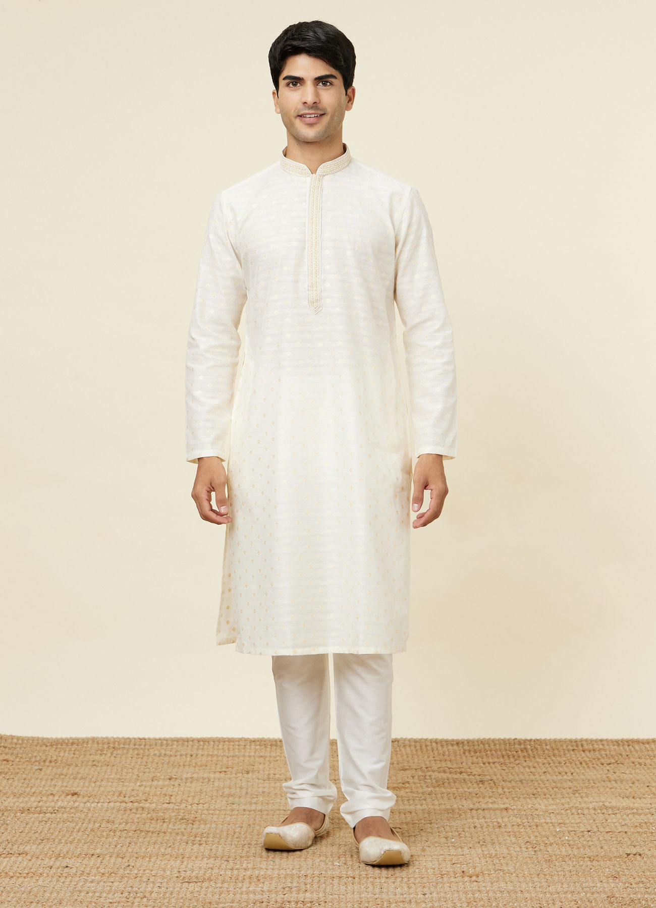 Twamev Men Cannoli Cream Jacquard Patterned Kurta Set