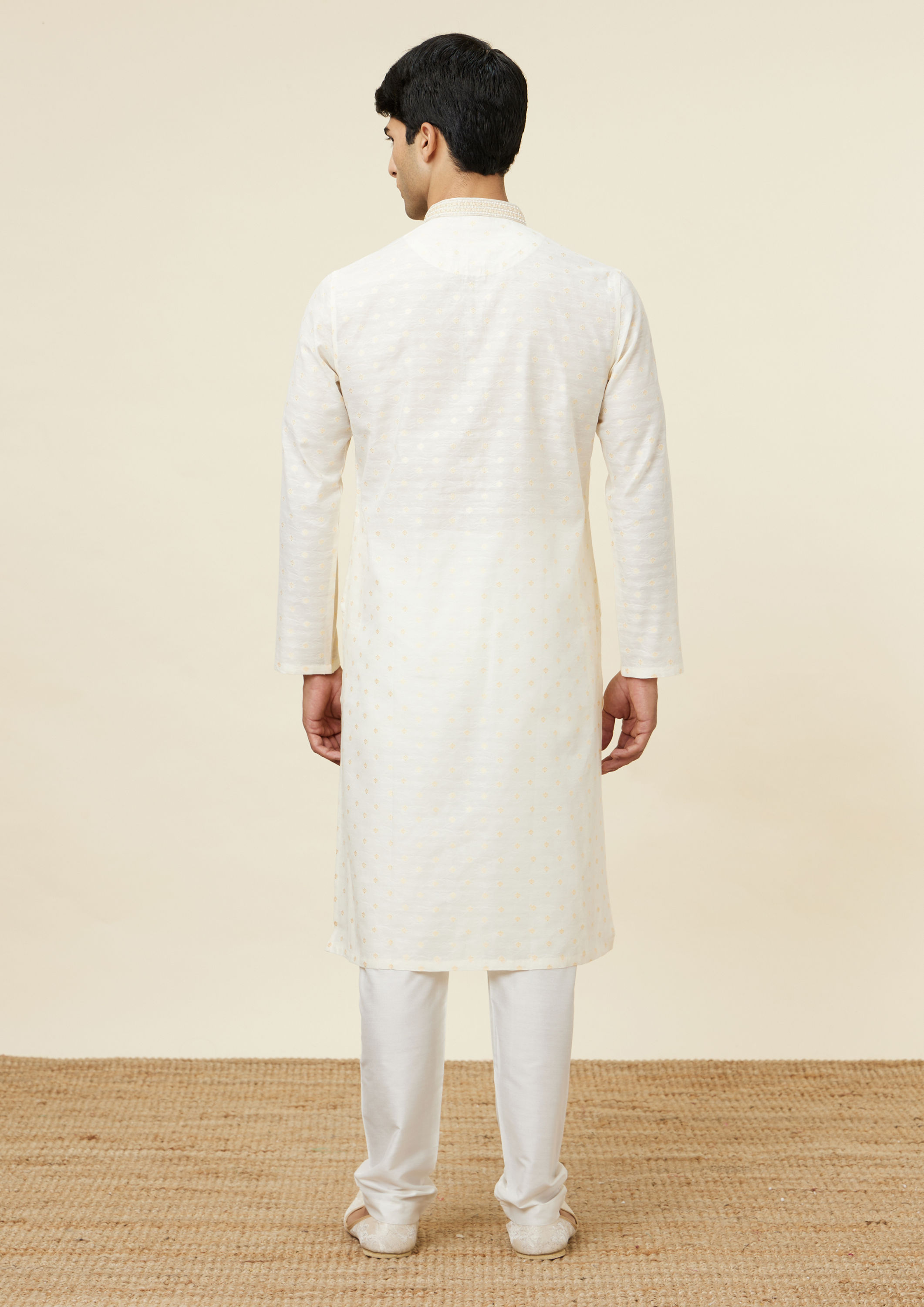Twamev Men Cannoli Cream Jacquard Patterned Kurta Set