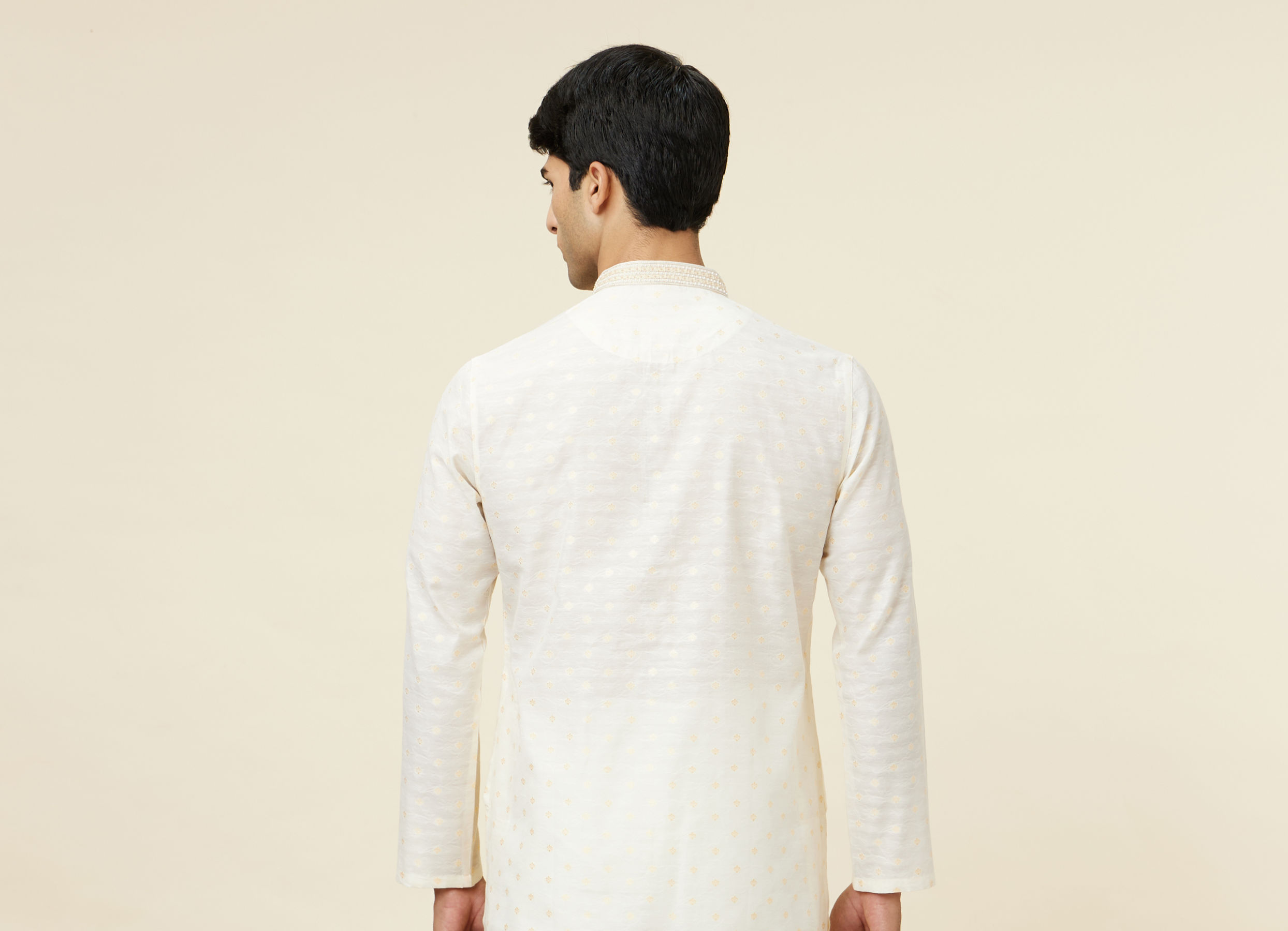 Twamev Men Cannoli Cream Jacquard Patterned Kurta Set