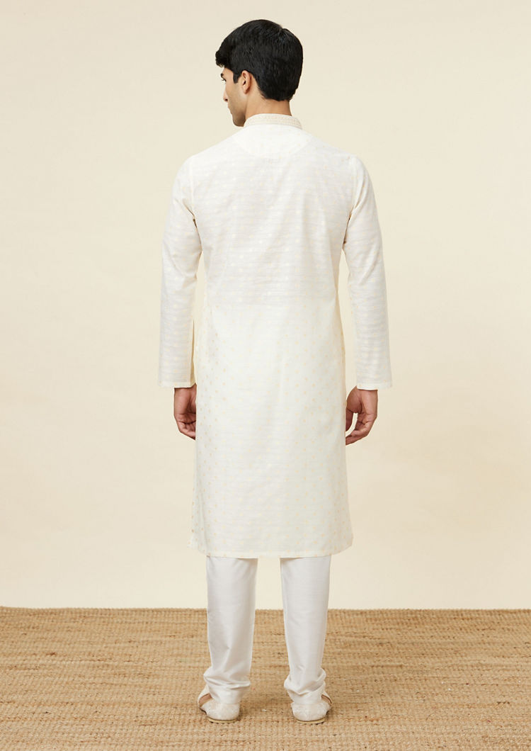 Twamev Men Cannoli Cream Jacquard Patterned Kurta Set