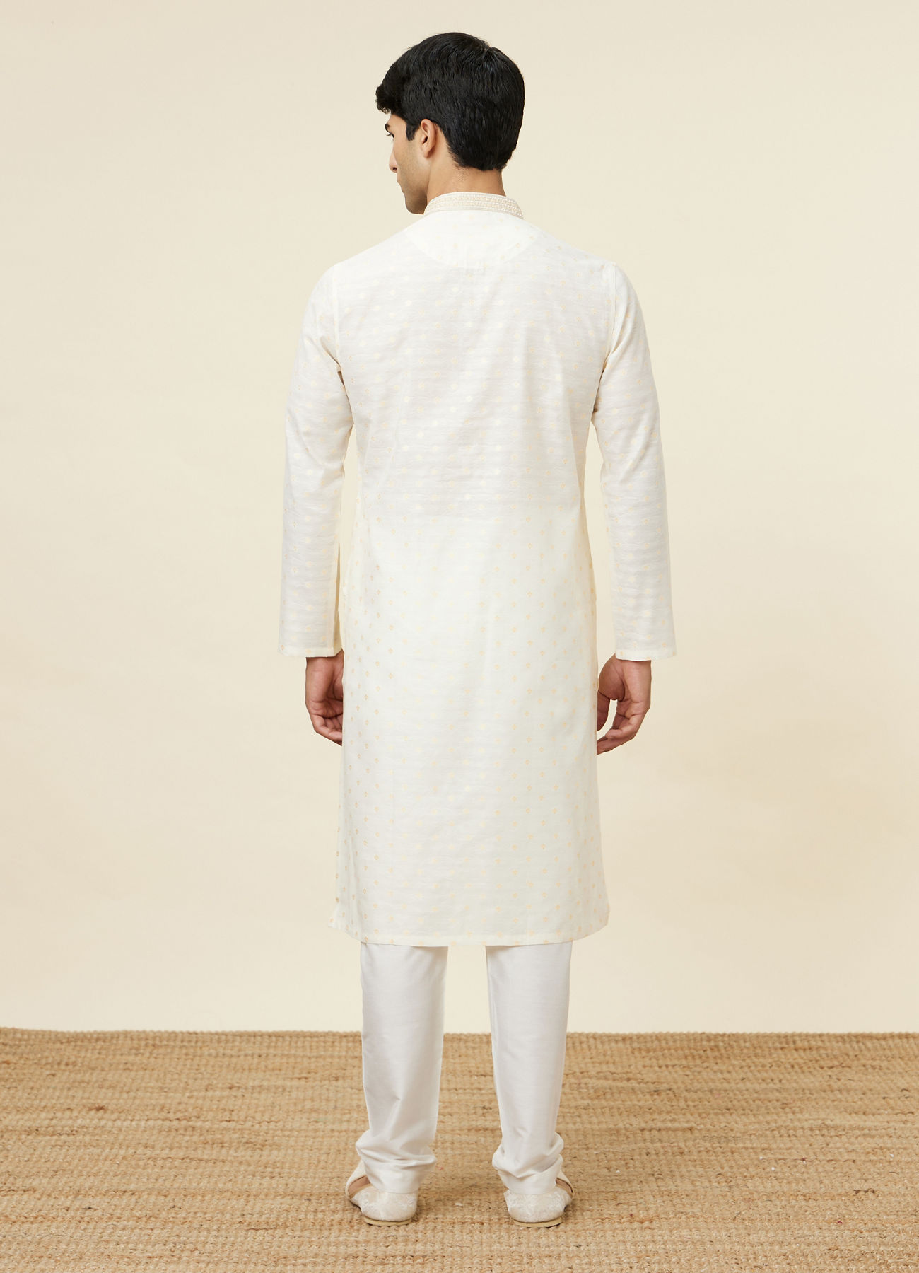 Twamev Men Cannoli Cream Jacquard Patterned Kurta Set