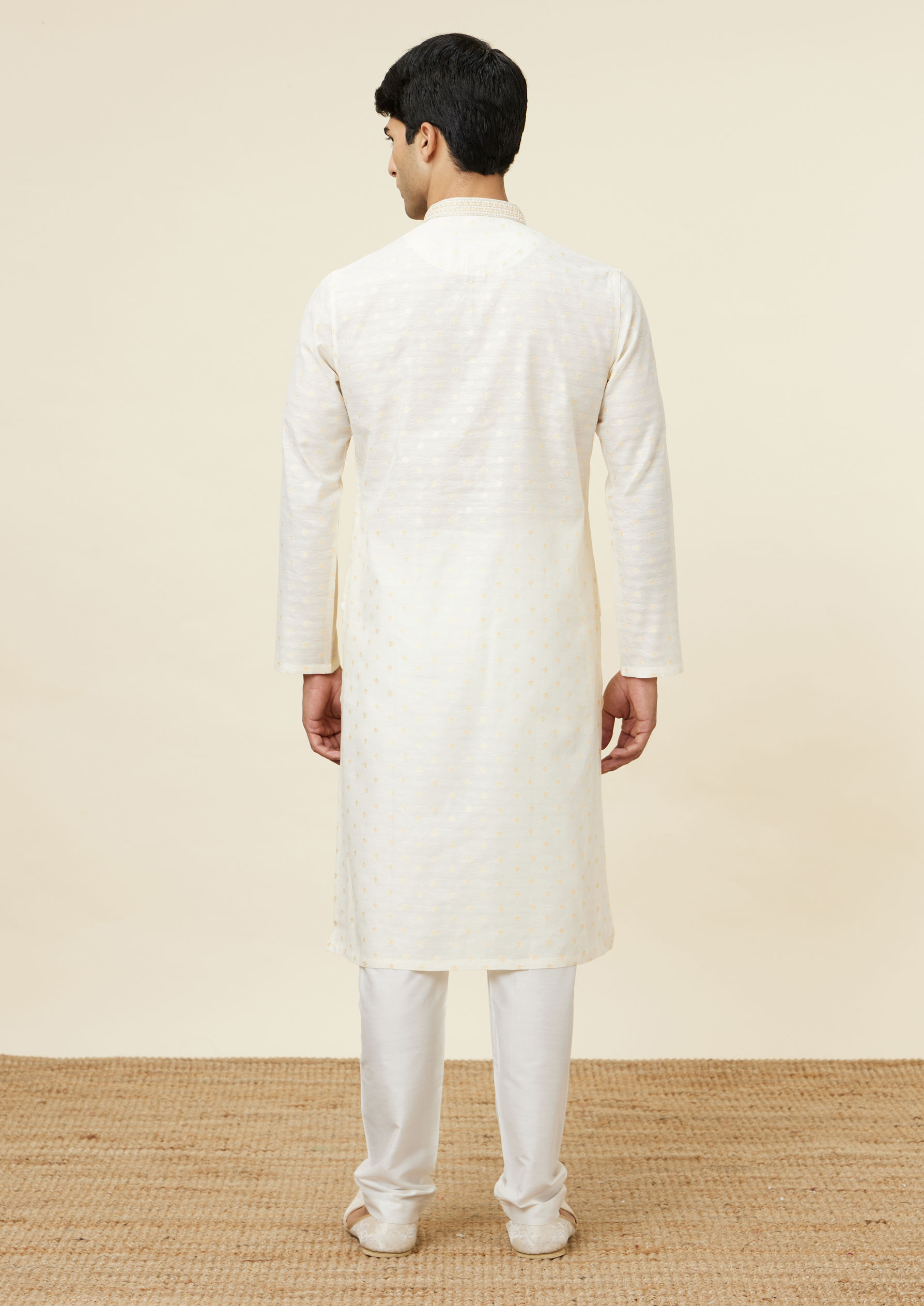 Twamev Men Cannoli Cream Jacquard Patterned Kurta Set
