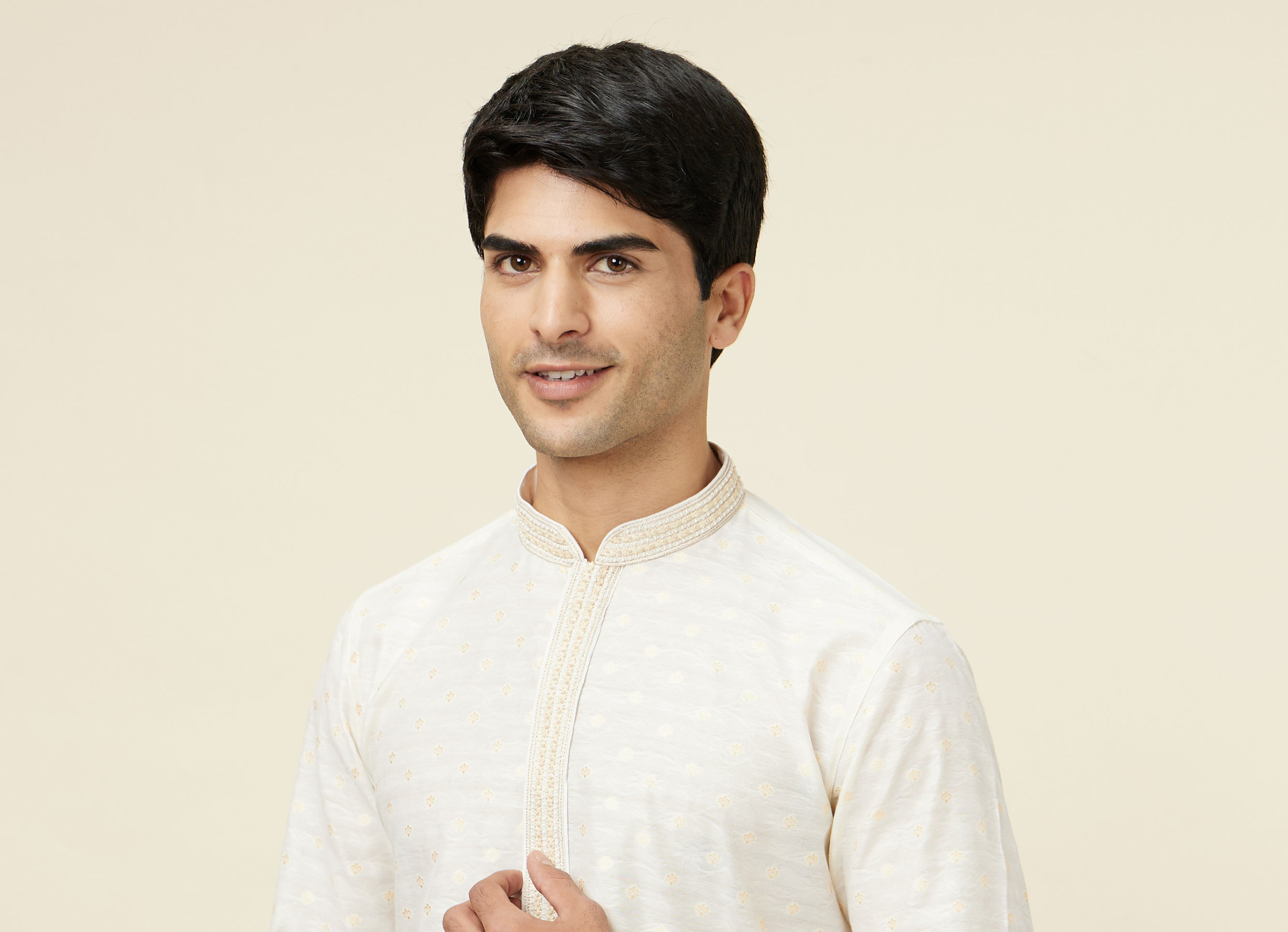 Twamev Men Cannoli Cream Jacquard Patterned Kurta Set