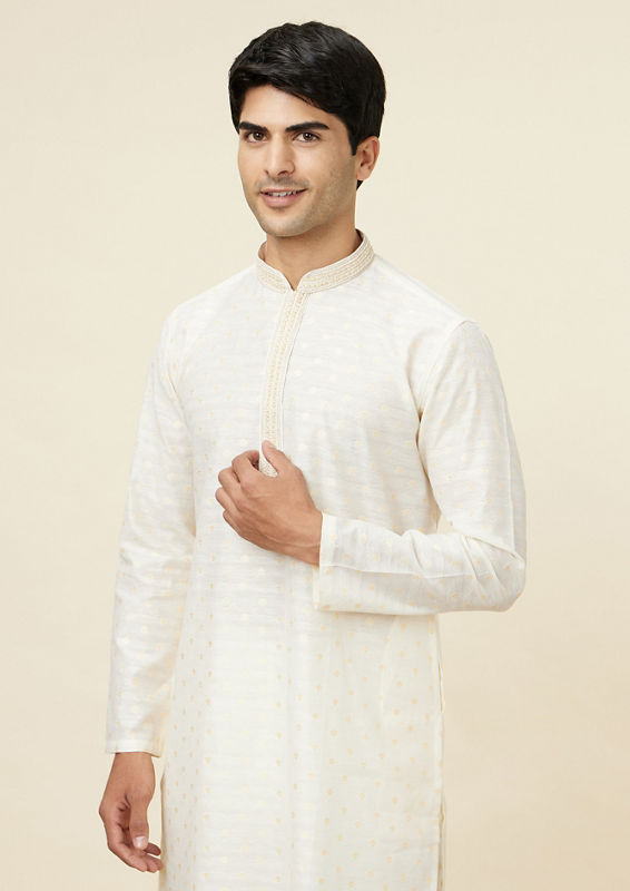 Twamev Men Cannoli Cream Jacquard Patterned Kurta Set
