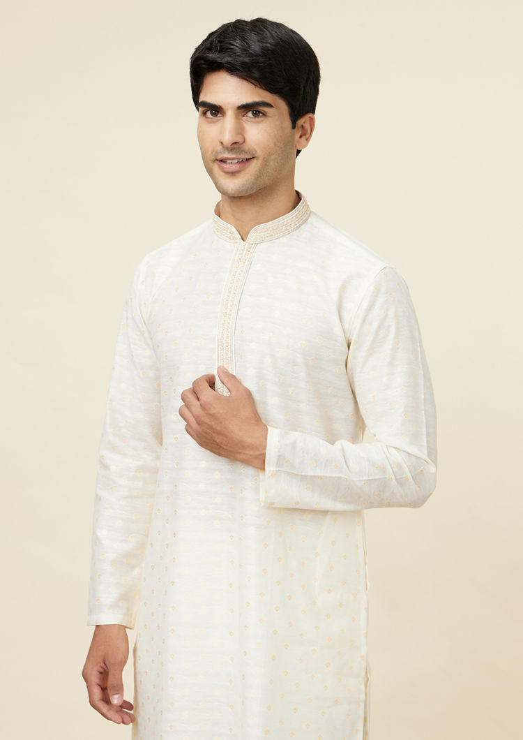 Twamev Men Cannoli Cream Jacquard Patterned Kurta Set