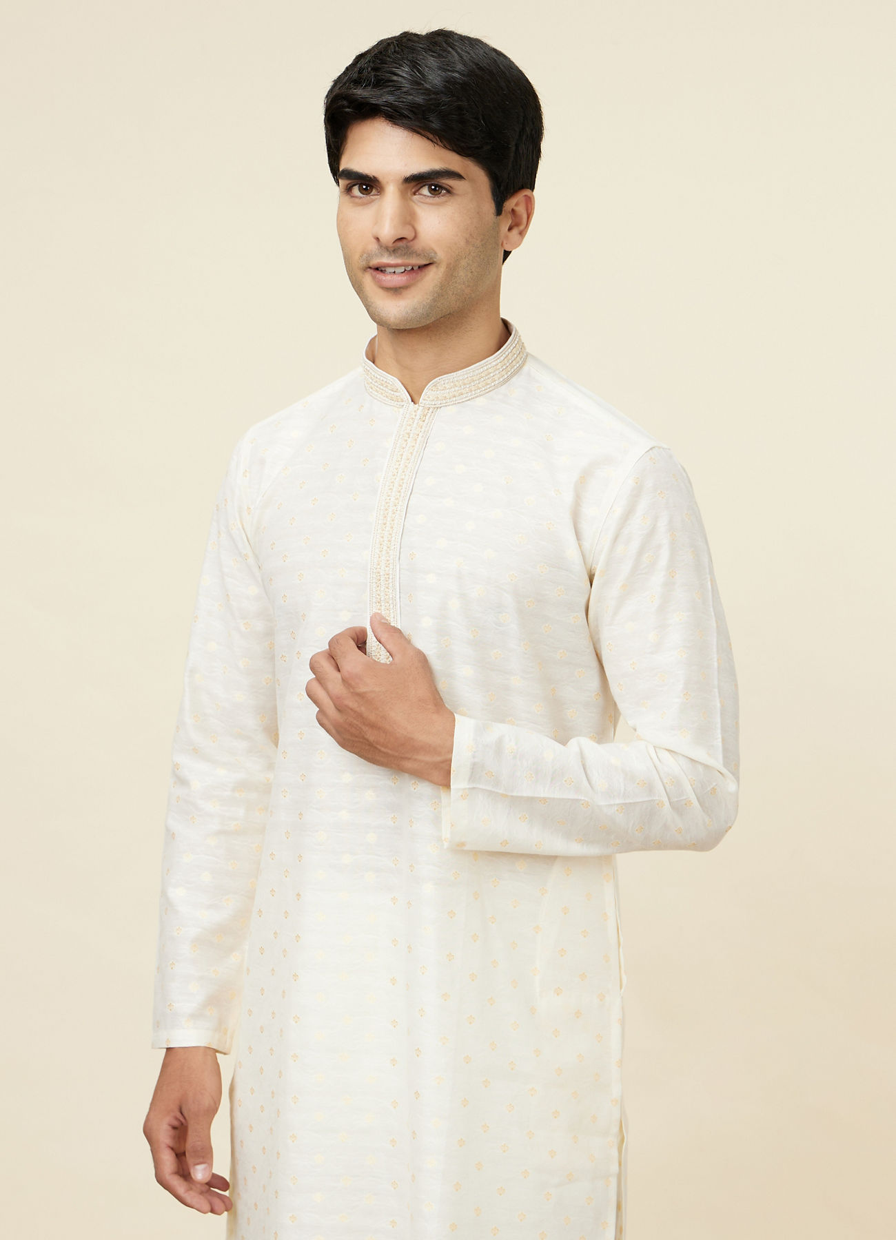 Twamev Men Cannoli Cream Jacquard Patterned Kurta Set