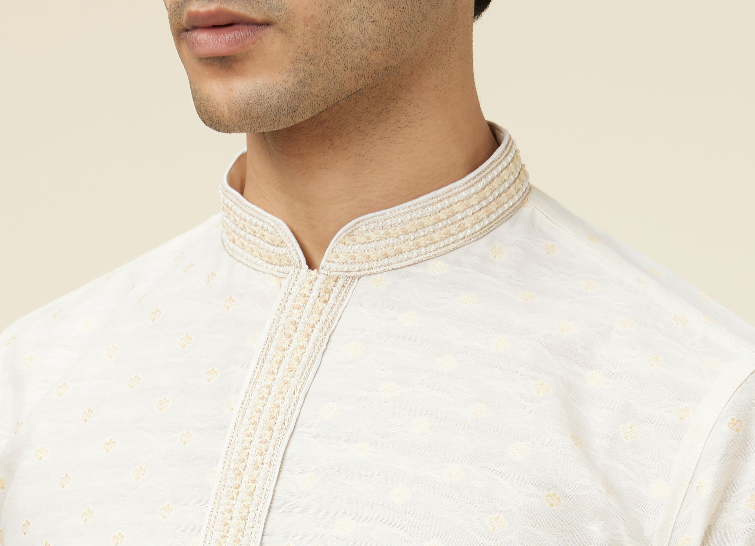 Twamev Men Cannoli Cream Jacquard Patterned Kurta Set