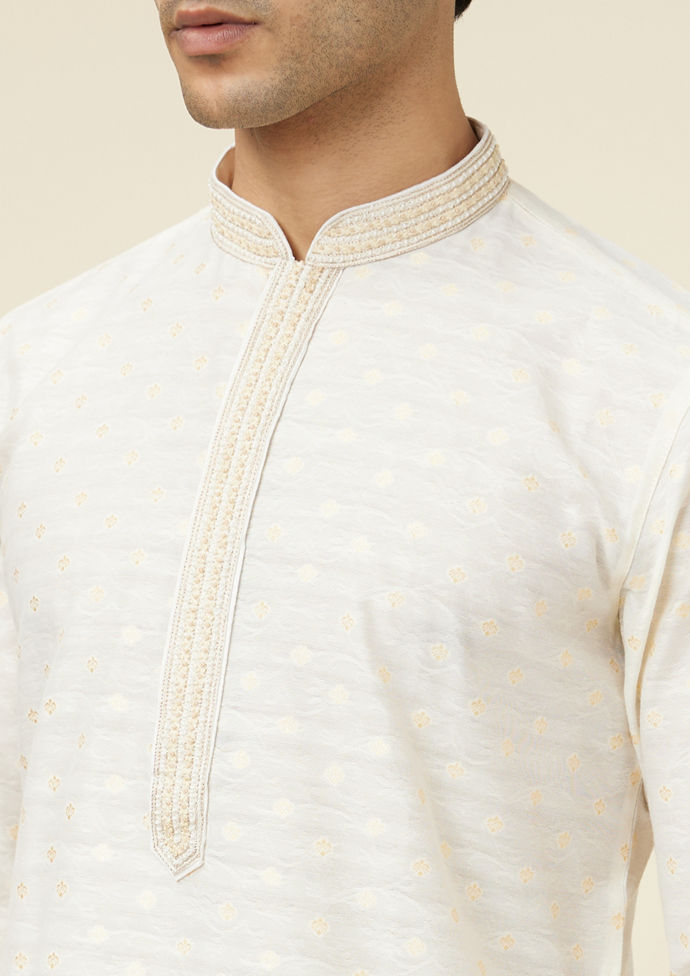 Twamev Men Cannoli Cream Jacquard Patterned Kurta Set