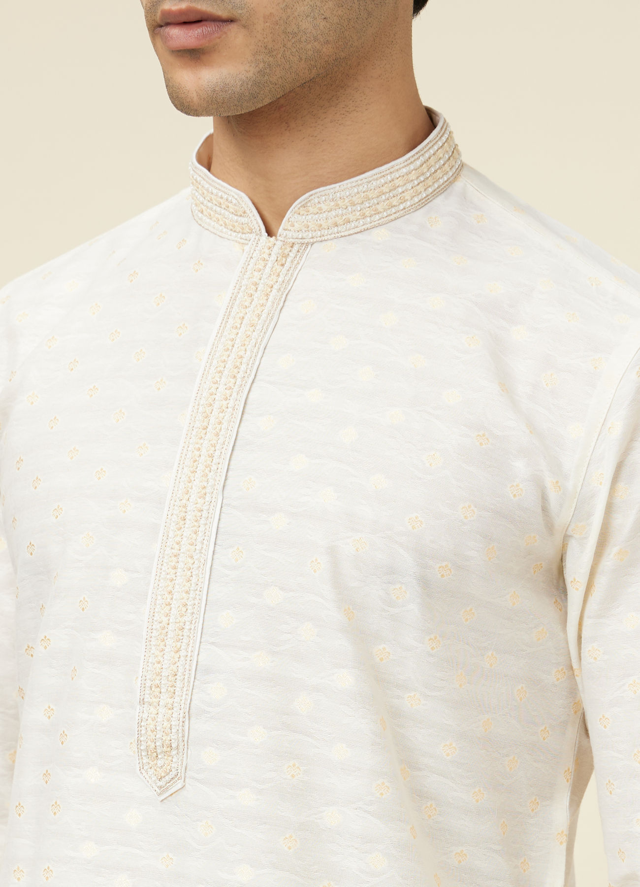 Twamev Men Cannoli Cream Jacquard Patterned Kurta Set