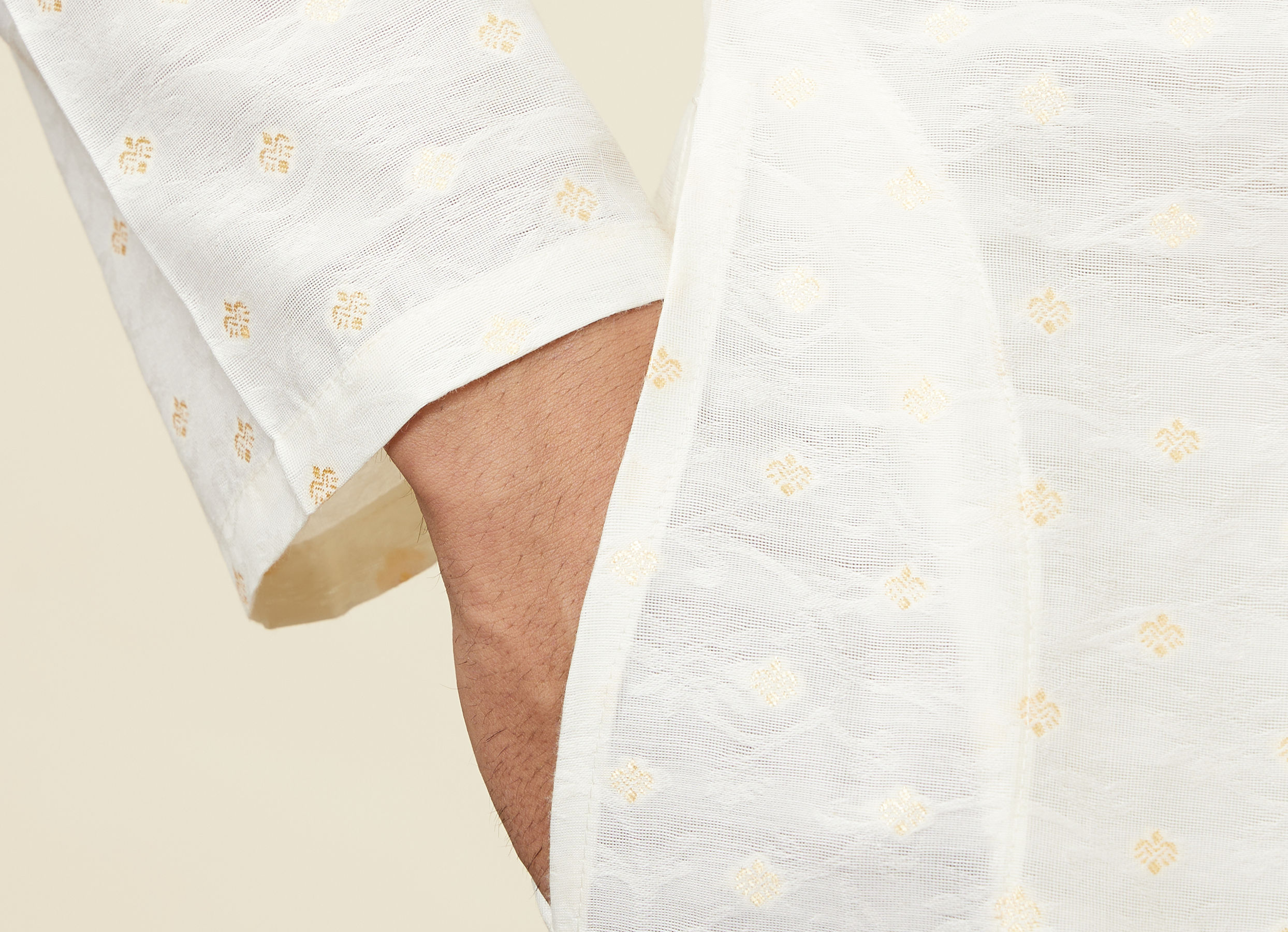 Twamev Men Cannoli Cream Jacquard Patterned Kurta Set