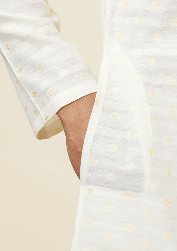 Twamev Men Cannoli Cream Jacquard Patterned Kurta Set