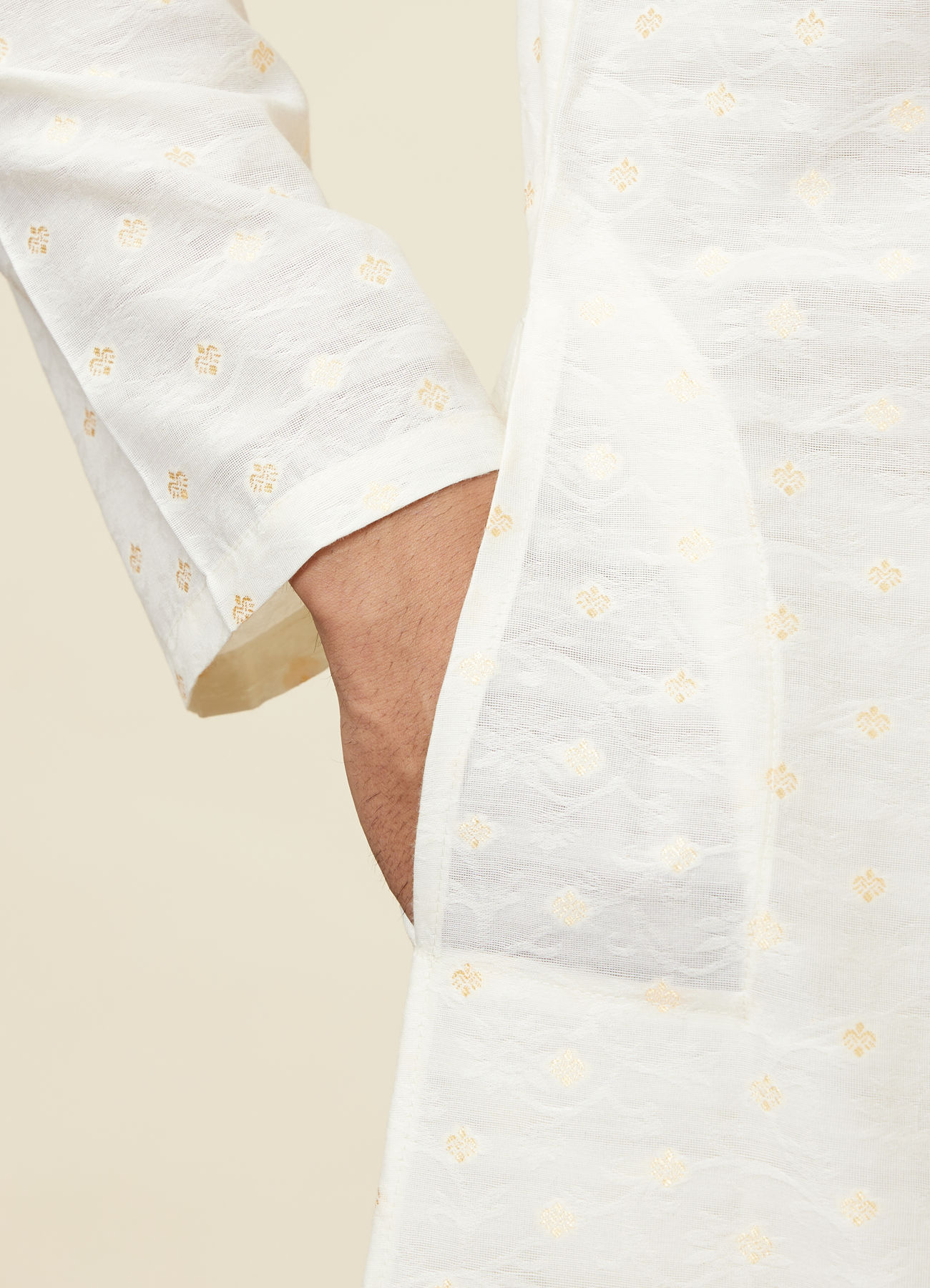 Twamev Men Cannoli Cream Jacquard Patterned Kurta Set