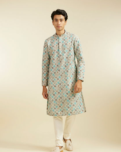 Diwas Men Aqua Green Chikankari Inspired Printed Kurta Pajama