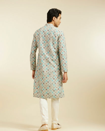 Diwas Men Aqua Green Chikankari Inspired Printed Kurta Pajama