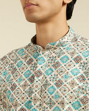 Diwas Men Aqua Green Chikankari Inspired Printed Kurta Pajama
