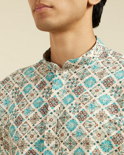 Diwas Men Aqua Green Chikankari Inspired Printed Kurta Pajama