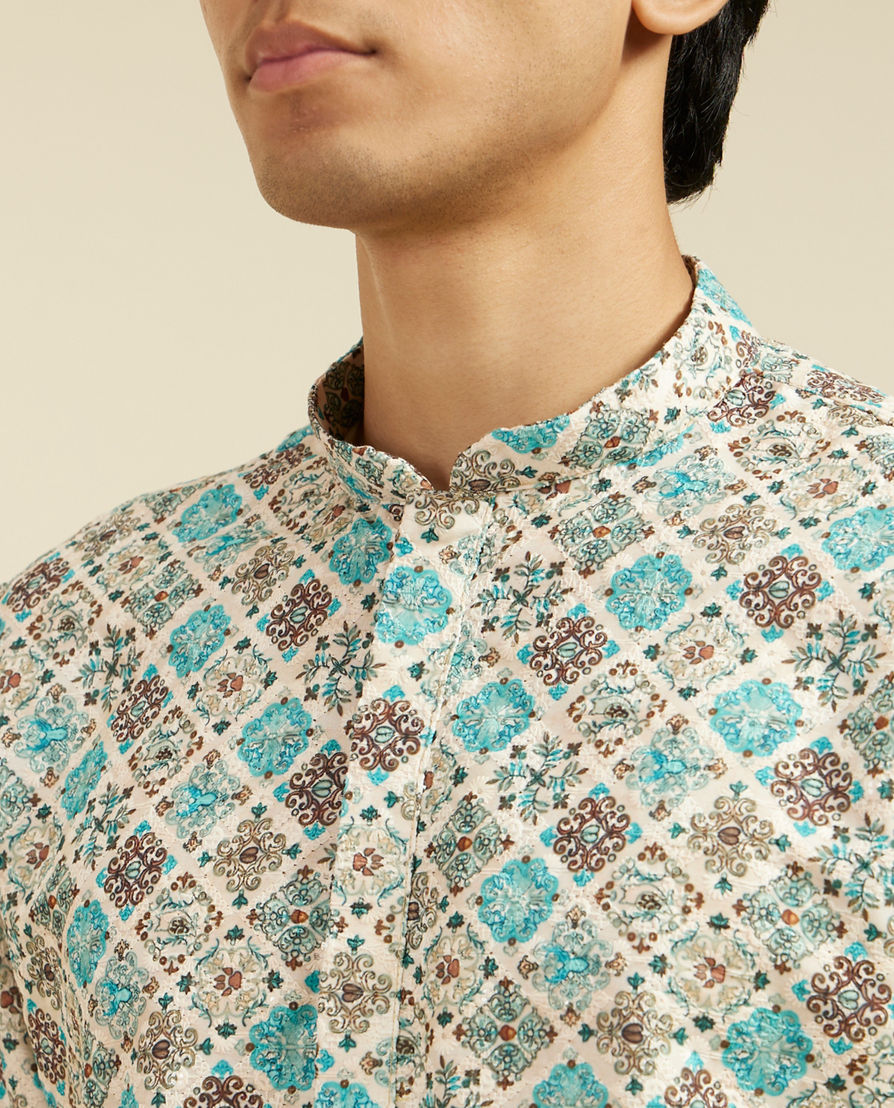 Diwas Men Aqua Green Chikankari Inspired Printed Kurta Pajama